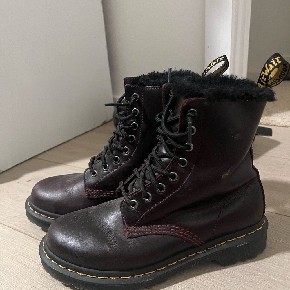 Dr. Martens Dark Red Leather Boots with Black Fur Lining